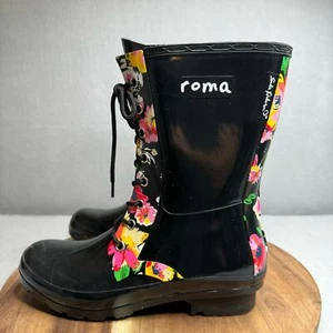Stivali da pioggia corti con lacci Roma Sadie Robertson donna taglia 9 neri floreali - Foto 1 di 8