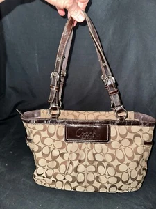 Coach Signature F14281 Pleated East West Gallery Brown Shoulder Handbag Purse  - Picture 1 of 10