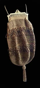 Antique Vintage Brown Gold Green Pink Iridescent Beaded Purse Edwardian Tassel - Picture 1 of 16