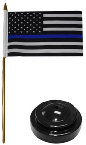 Bandiera da scrivania USA sottile linea blu polizia commemorativa 4"x6" bastone oro base nera - Foto 1 di 1