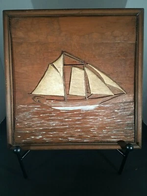 Hand carved And Painted Wooden Ship Plaque 12x12" rustic and one of a kind. - Image 1 of 4