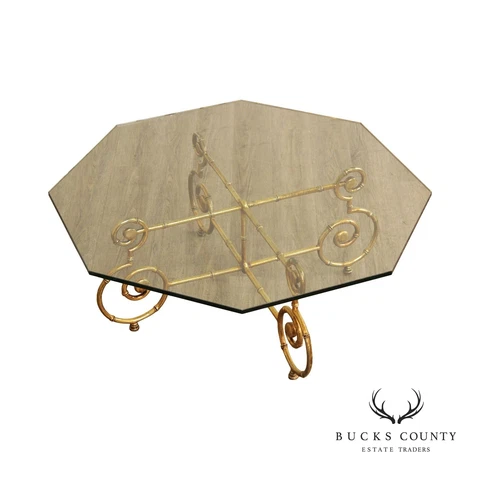 Hollywood Regency Faux Bamboo Gilt Metal Glass Top Coffee Table Cover