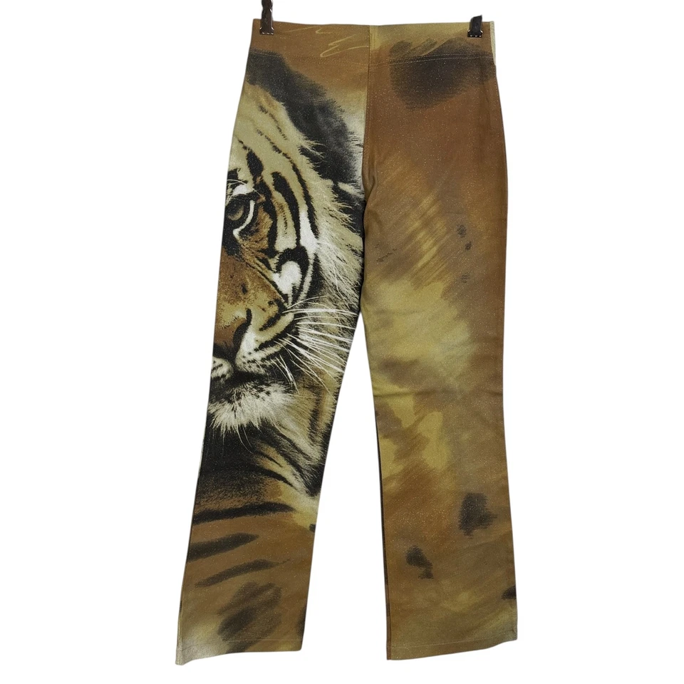 Pantalones De Colección Años 90 Y2K BeBe Bootcut Talla S Marrón Gráfico Tigre Gato Brillo Novedad Foto 1 de 4