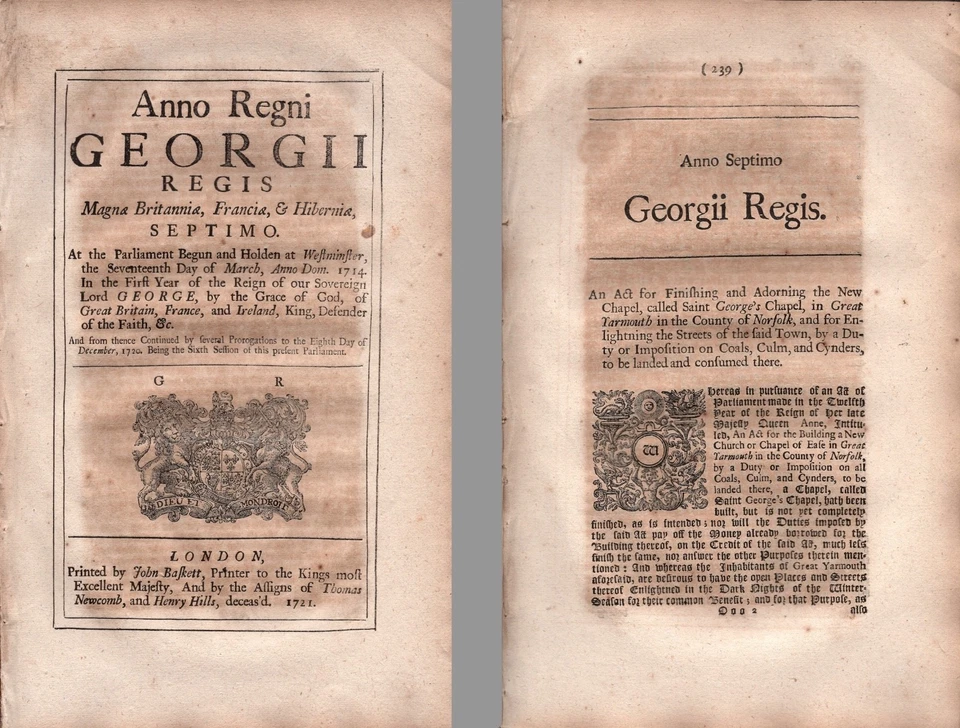 Great Yarmouth Finishing Saint George's Chapel & Duty on Coal 1720 George I Act - Image 1 of 3