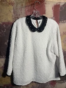Sirena de oficina con textura de palomitas blancas negras Elle Top Preppy Academia modesta talla L - Imagen 1 de 9