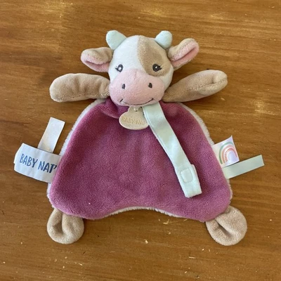 O/ Doudou Plat Babynat Vache Blanc Rose Pistache Attache Tétine Arc-en-ciel - Photo 1/4