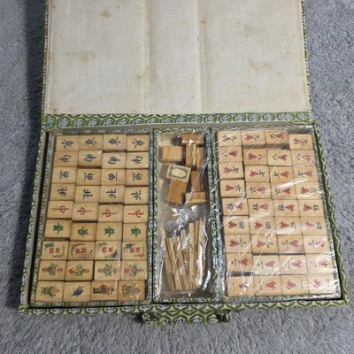 VTG Antique Mahjong Set Unopened Dovetail Bamboo Tiles Bone Betting Sticks Dice - Image 1 of 4