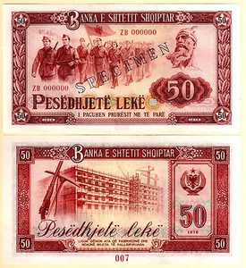 Billete de papel moneda espécimen de Albania 50 Lek 1976 UNC. Número de serie cero. RARO - Imagen 1 de 1
