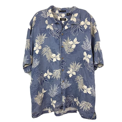 IZOD Golf Shirt Mens Sz XL Blue White Silk Linen Tropical Hawaiian Floral Button - Image 1 of 4