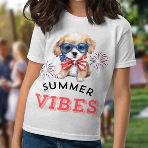 Summer Vibes Youth t-shirt, Patriotic Puppy Shirt, 4th of July Tee - Picture 1 of 9