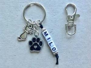Personalised Name Cat Glitter Paw Bag Charm Keyring, Cat Loss, Memorial Keepsake - Picture 1 of 8