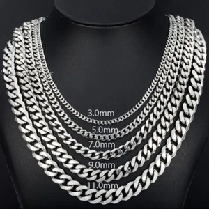 3/5/7/9/11mm MENS Chain Stainless Steel Silver Tone Curb Link Necklace 18"-36'' - Picture 1 of 16