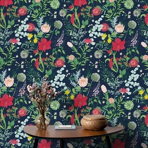 Dark Blue Peel And Stick Wallpaper Chic Red Floral Vinyl Wallpaper 17.3"X118" - Picture 1 of 8