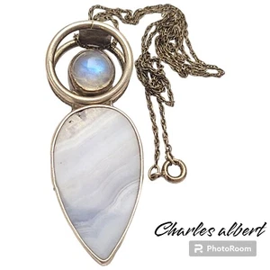 Vintage Charles Albert sterling silver Blue Lace Agate Labradorite Necklace - Picture 1 of 7