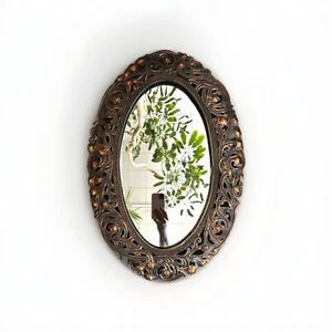 ANTIQUE COPPER OVAL MIRROR ARTS & CRAFTS With FLORAL MOTIF - Picture 1 of 7