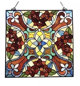 20" x 20" Tiffany Style Stained Glass Victorian Floral Window Panel Suncatcher - Picture 1 of 6