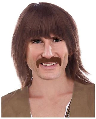 Men's Brown 60s Hippie Wig and Mustache Set Sonny Bono Costume Accessory - Image 1 of 4