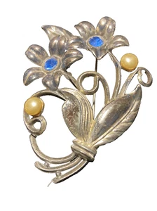 Old big Lg LITTLE NEMO LN 25 Gold tone BLUE RHINESTONEs Faux Pearls BROOCH pin - Picture 1 of 15