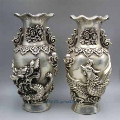 Collection old Tibet silver Vase Handwork carved dragon& Phoenix w Qianlong Mark - Image 1 of 4