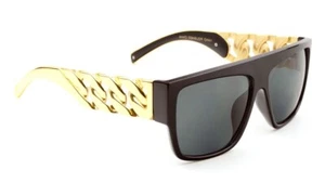 BLACK GOLD METAL CUBAN LINK CHAIN SQUARE SUNGLASSES CLASSIC RETRO DESIGNER RAP - Picture 1 of 1