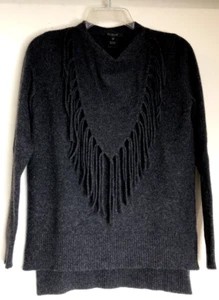 Scoop NYC Sz Small 100% Cashmere Sweater Gray Fringe Neckpiece Detail Side Slits - Picture 1 of 7