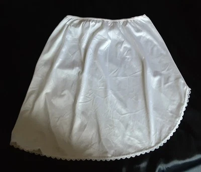 Vintage Adonna M White Half Slip 19" Mini UnderSkirt Silky Nylon Side Slit Lace  - Image 1 of 4