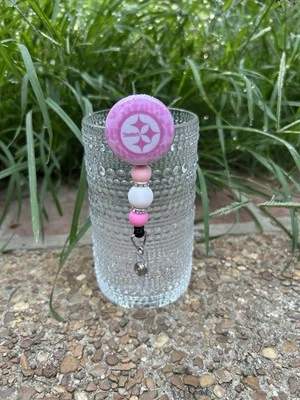 pink Pittsburgh Steelers Rhinestone beads Retractable ID Name Badge Holder Reel - Image 1 of 2