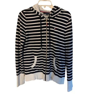 Tommy Hilfiger Mujer Pequeña Cremallera Completa Sudadera con Capucha Azul Marino Blanco Rayas con Rojo Foto 1 de 4