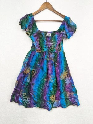 Young Fashion Vintage Green Purple Blue Tie Dye Mini Dress, One Size S/M - Image 1 of 4