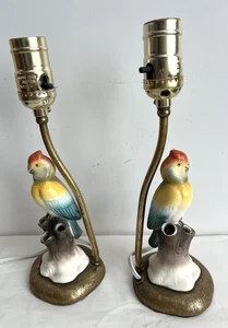 Vintage Pair Ceramic Parakeet Parrot Bird 2 Table Lamps Flower Frog New Wiring - Picture 1 of 8