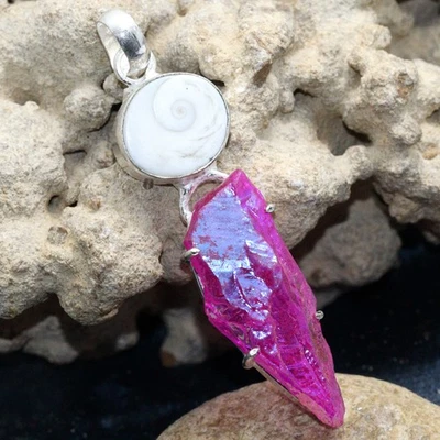 Colgante Joyería Shiva Shell Cuarzo Aura Titanio Rosa Hecho a Mano Tamaño 2.6" GW Foto 1 de 3