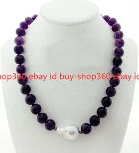 Natural 12mm Purple Amethyst Round Gems &White Keshi Baroque Pearl Necklace 18'' - Picture 1 of 12