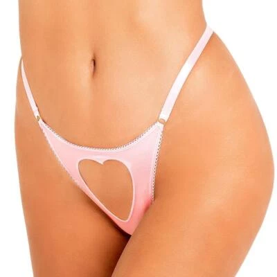 Heart Cut Out Panty Mini O Rings Elastic G-String Back Open Front Pink LI418 XS - Image 1 of 3