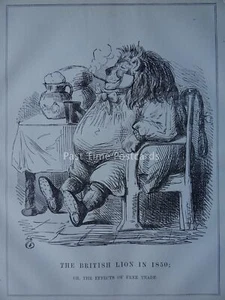 EL LEÓN BRITÁNICO EN 1850 EL EFECTO DEL LIBRE COMERCIO 1846 Estampado victoriano original - Imagen 1 de 2