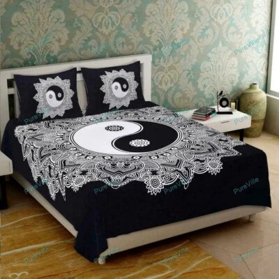 Sábana plana Yin Yang mandala algodón con 1 funda de cojín Sk Jaipuri cama individual Sh Foto 1 de 4