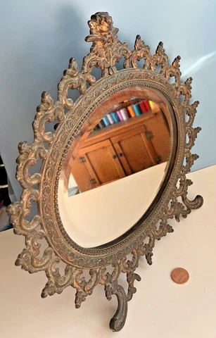 Antique 19th c. bevel Victorian MIRROR vtg vanity dresser cherub table rococo Cover