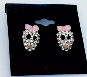 JB9 Popular Retro Skull Bling Rhinestone Pink Bow Punk Rock Goth Stud Earrings - Picture 1 of 7