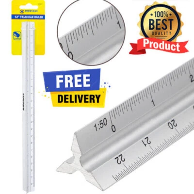 Pro 12" 300mm Triangular Aluminum Ruler Tri-Scale Metal Ruler Architect Engineer