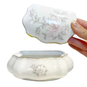 Vintage M Valmusone Made in Italy Porcelain Ceramic Trinket Box Dish Flower Gold - Bild 1 von 14