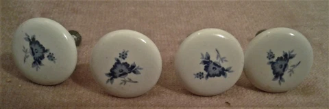 Lot Of 4 White Glass Drawer Knob Pulls With Blue Flower Designe Cover