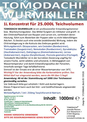 TOMODACHI Wurmkiller Anti Wurmmittel Hautwurm Kiemenwurm Karpfenlaus 1L 25m³ Teichvolumen