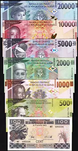 Guinea 7 Pcs SET, UNC, 100 500 1000 2000 5000 10000 20000 Francs 2015 2018 2020 - Picture 1 of 10