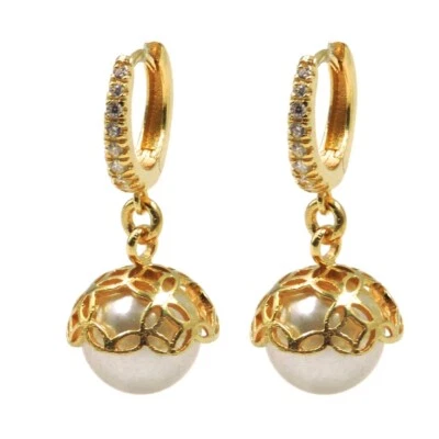 Orecchini Campanella in Argento 925 Placcato Oro con Perla e Zirconi Bianchi - Immagine 1 di 4