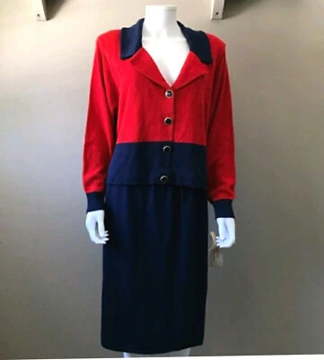 Vintage Sweater Set Skirt Top NOS Suit NWT Red Blue Classy Business Laura Petite - Image 1 of 4