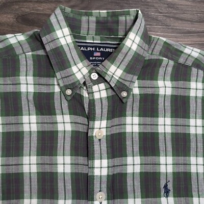 Ralph Lauren Sport платье рубашка клетку коротким рукавом на пуговицах мужчин M фиолетовый зеленый - Изображение 1 из 4