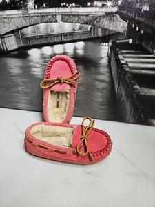 Minnetonka Toddler Pink Suede Leather/Fur Slip-On Loafer Toddler Sz 7 - Picture 1 of 8
