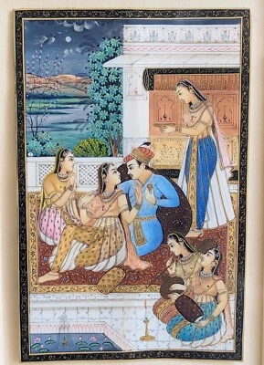 Indian Mughal Miniature Painting of Lovers Harem Women Fine Detail with Gold - Image 1 of 4