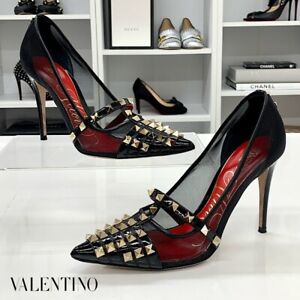 Valentino Garvani Rockstud mesh patent pumps black size 36 Pointed toe Stiletto