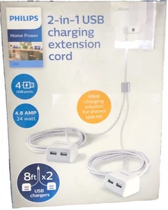 Philips 2-IN-1 USB CHARGING EXTENSION CORD 4 PORTS 8 Ft 24 Watt 4.8 Amp - Picture 1 of 4