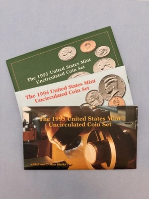 US Mint 1993, 1994 and 1995 Uncirculated Coin Sets. 10 coins in each set - Image 1 of 4